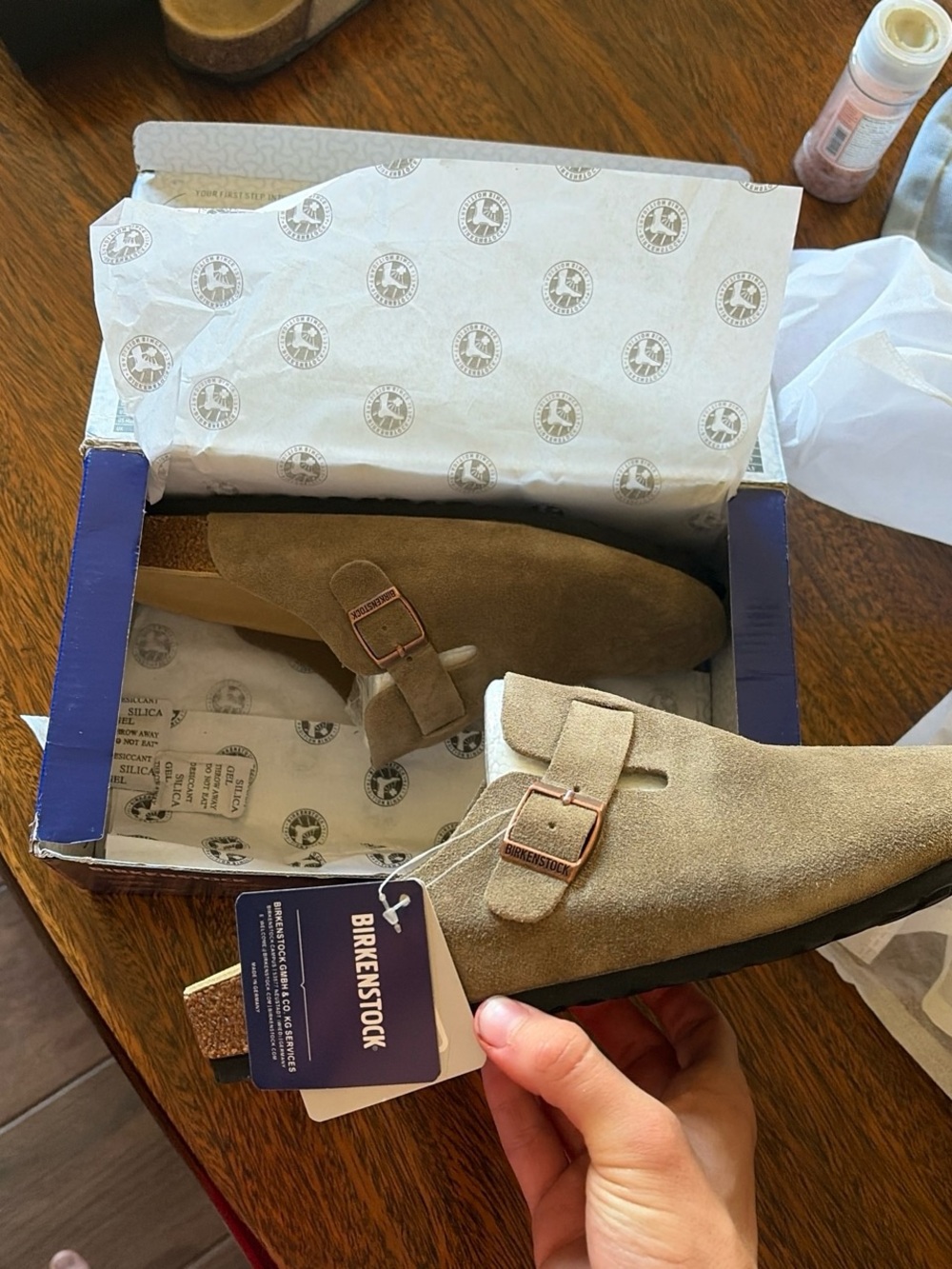 Birkenstock Women's Suede Buckled Mule in Olive Green